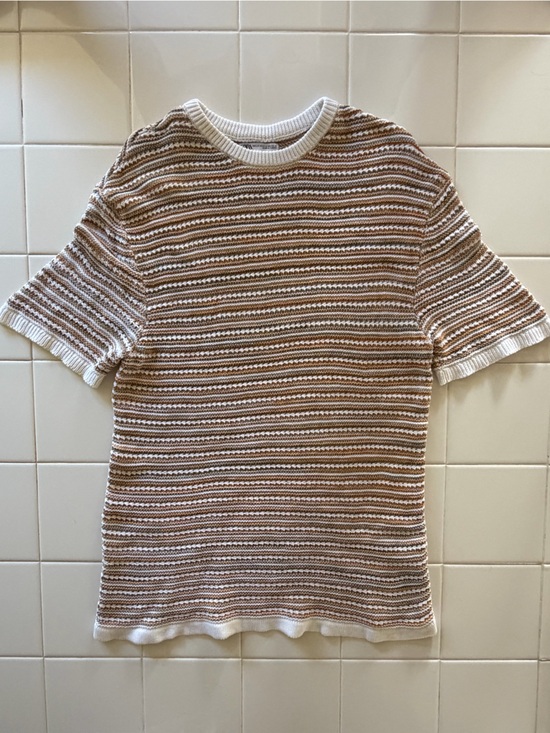 Zara Other - Zara Men's Textured Knit Short Sleeve Sweater Striped Tan Grey Size S/M